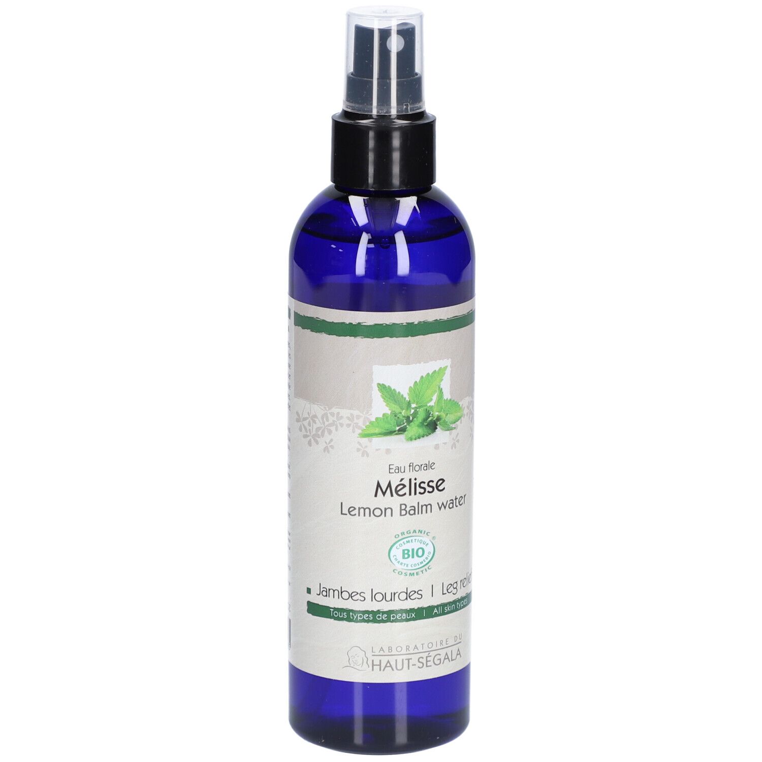 Flacon pulvérisateur bleu avec étiquette. Inscription: Eau florale Mélisse, Lemon Balm water. Certification Bio.