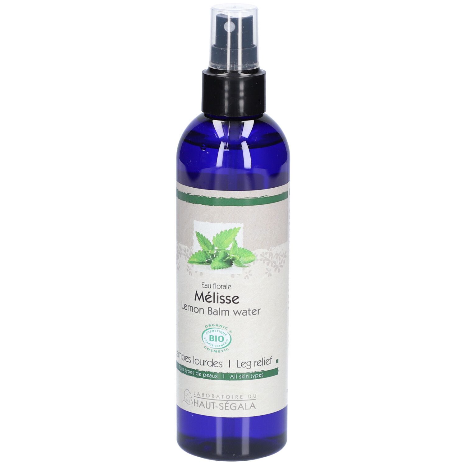 Flacon pulvérisateur bleu avec étiquette. Inscription: Eau florale Mélisse, Lemon Balm water. Certification Bio.