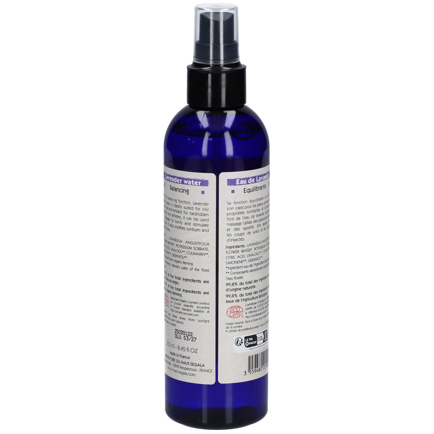 Dos du flacon pulvérisateur bleu. Texte: Eau de Lavande, ingrédients, certification bio, informations fabricant, code-barres.