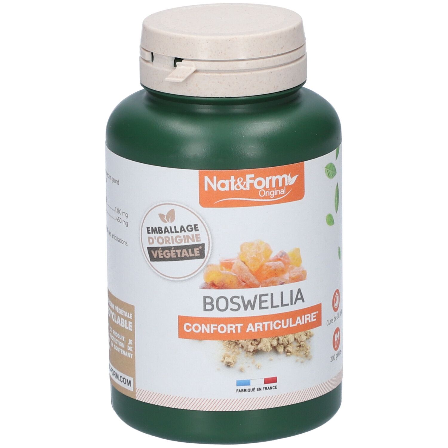 Flacon vert avec bouchon blanc. Étiquette avec BOSWELLIA et Nat&Form. Emballage végétal.