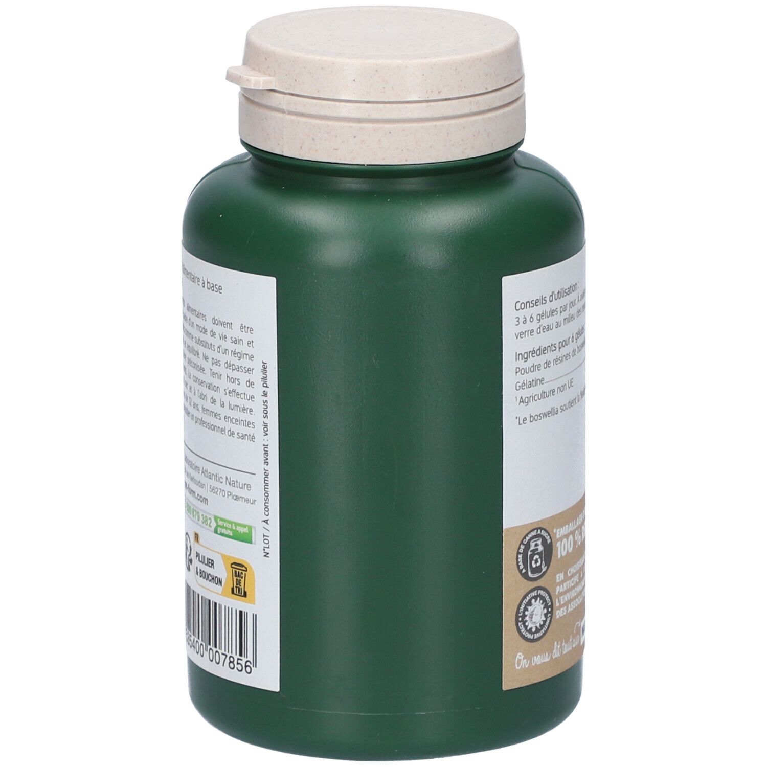 Flacon vert avec bouchon blanc. Vue latérale avec texte. Emballage végétal. 100% recyclable.