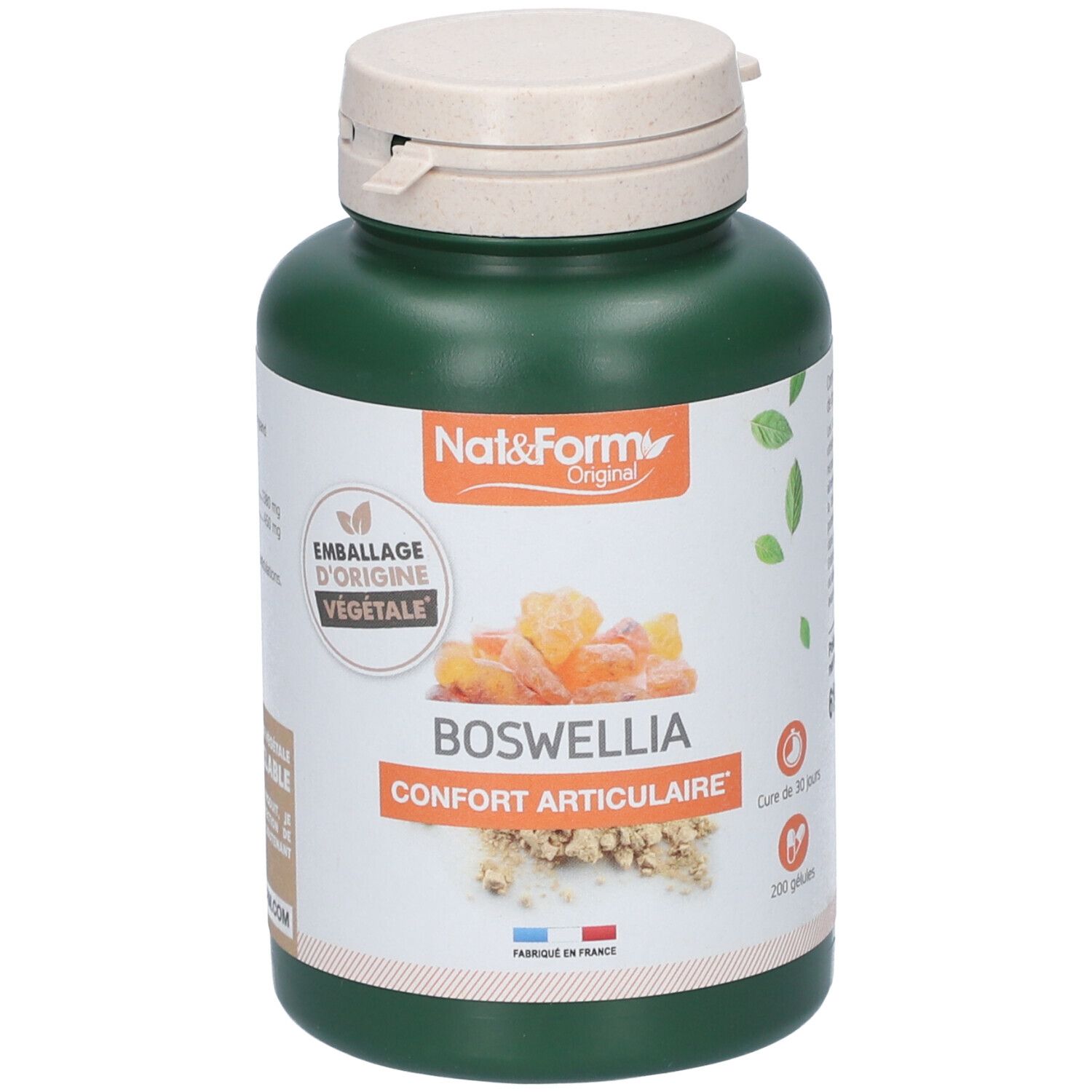 Flacon vert avec bouchon blanc. Étiquette avec BOSWELLIA et Nat&Form. 200 gélules.
