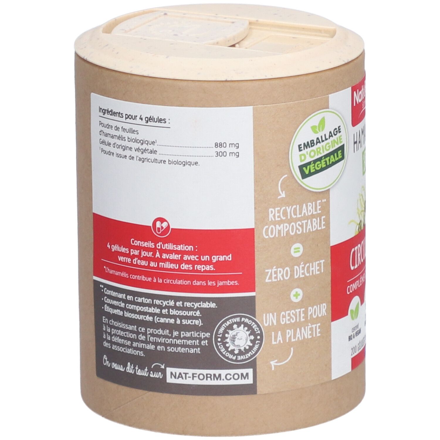 Dos de la boîte. Liste des ingrédients pour 4 gélules. Conseils d'utilisation. Texte: Recyclable, compostable, zéro déchet. Nat-form.com.