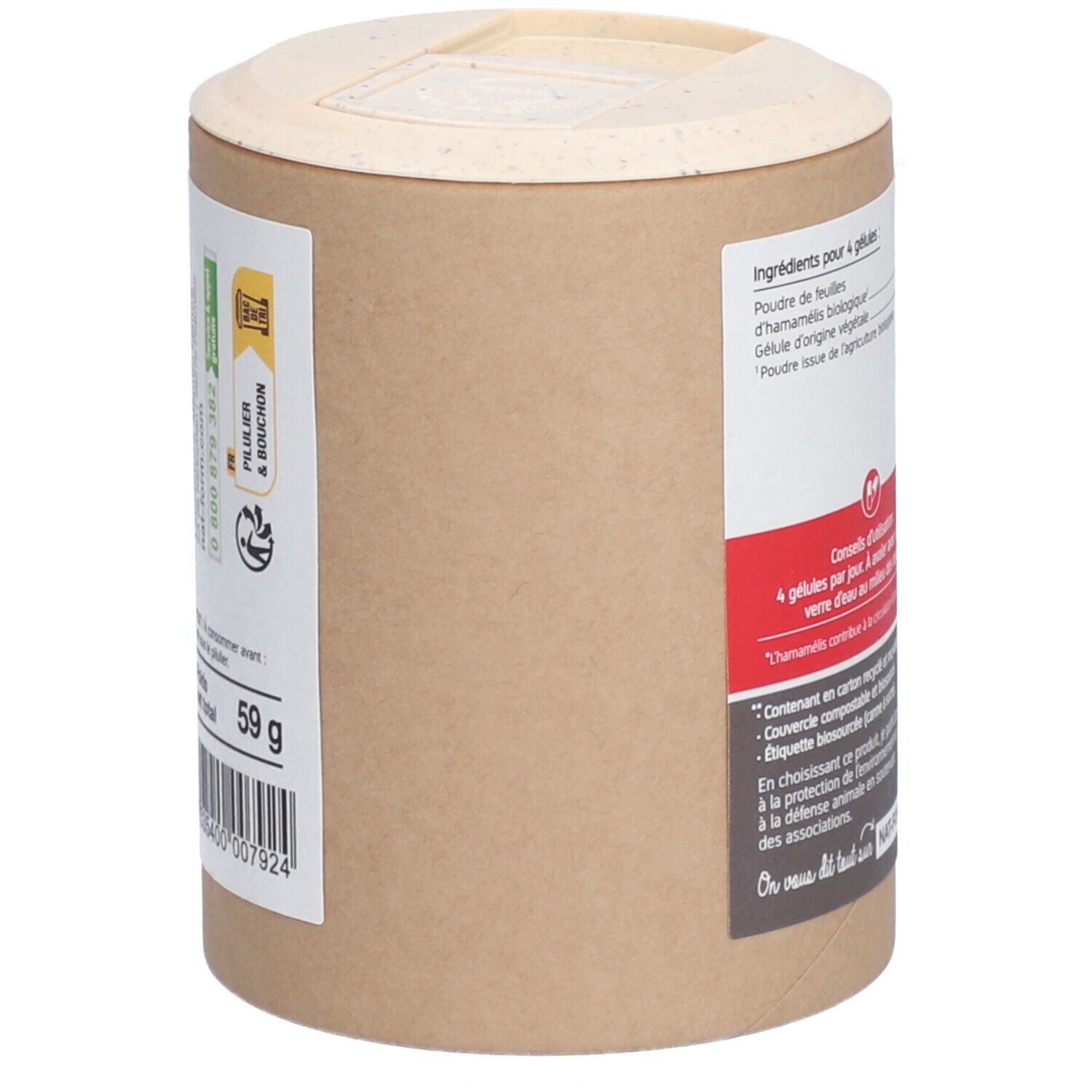 Boîte avec couvercle. Inscription: 59 g. Code-barres. Texte: Pilier & Bouchon. Certification: AB.