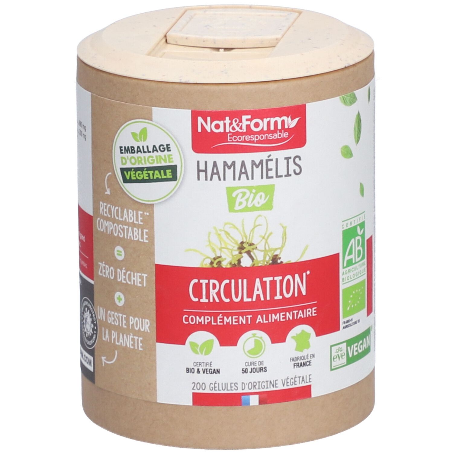 Boîte cylindrique avec couvercle. Inscription: Hamamélis Bio, Circulation, complément alimentaire. Certifications: AB, Vegan.