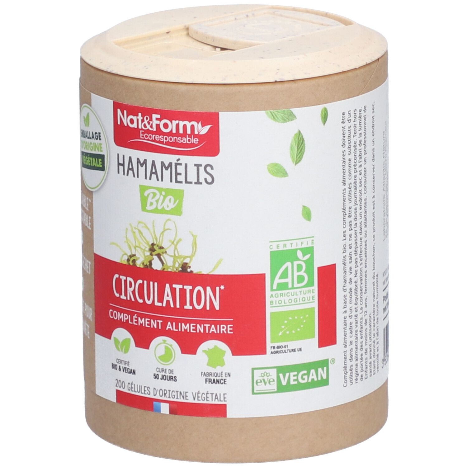 Boîte cylindrique avec couvercle. Inscription: Hamamélis Bio, Circulation, complément alimentaire. Certifications: AB, Vegan.