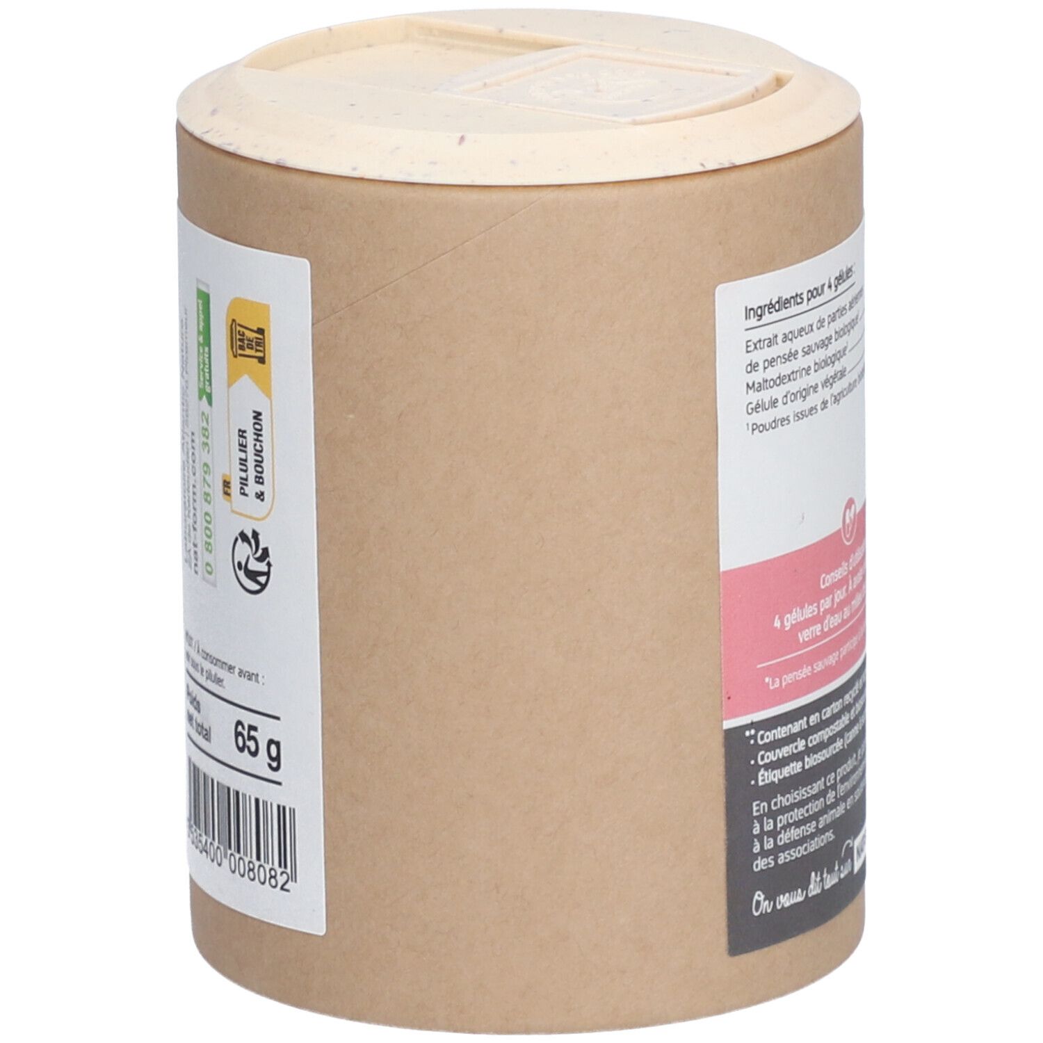 Boîte, vue latérale. Poids : 65 g. Contient des informations sur les ingrédients et la durabilité. Code-barres.