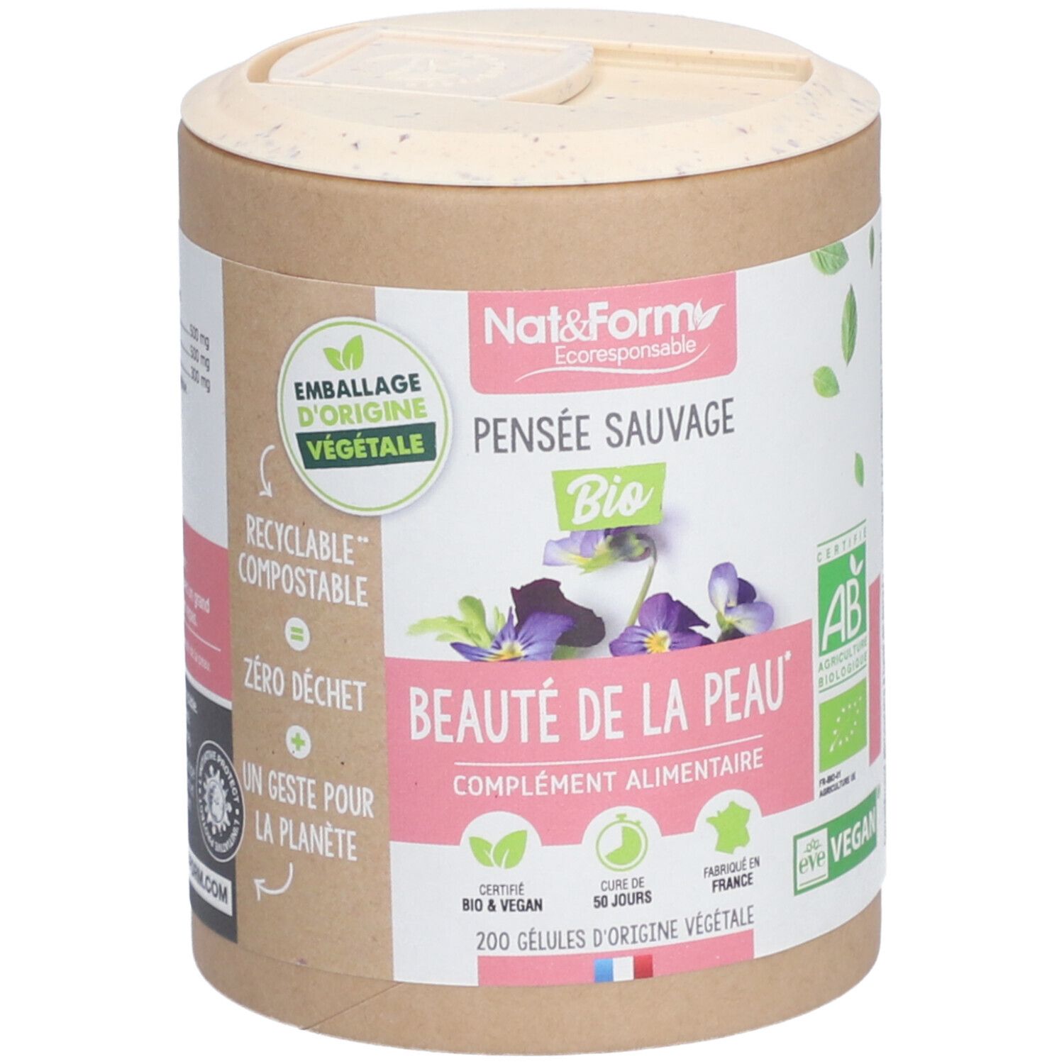 Boîte cylindrique avec couvercle. Inscriptions : Nat&Form, Pensée Sauvage Bio, Beauté de la Peau. Labels Vegan et AB.