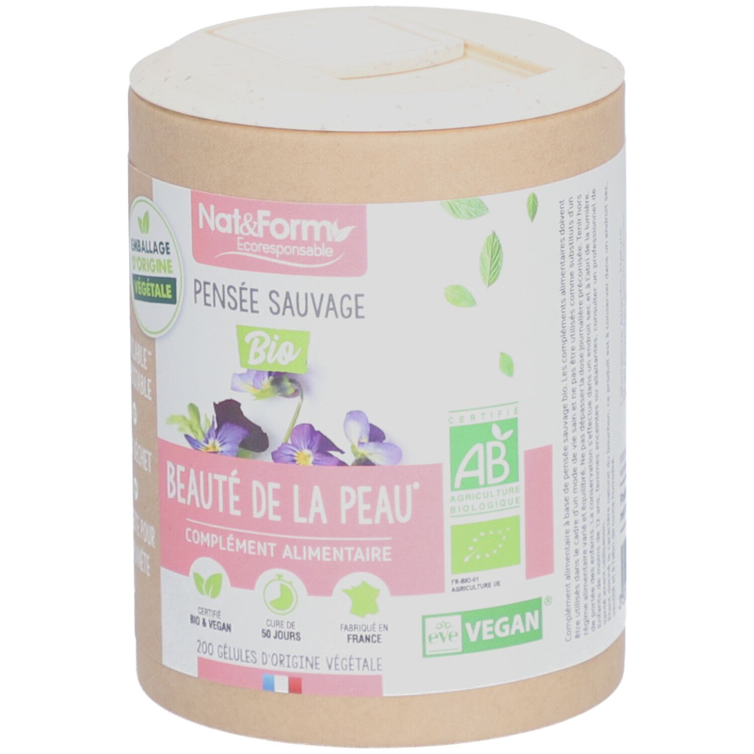 Boîte cylindrique avec couvercle. Inscriptions : Nat&Form, Pensée Sauvage Bio, Beauté de la Peau. Labels Vegan et AB.