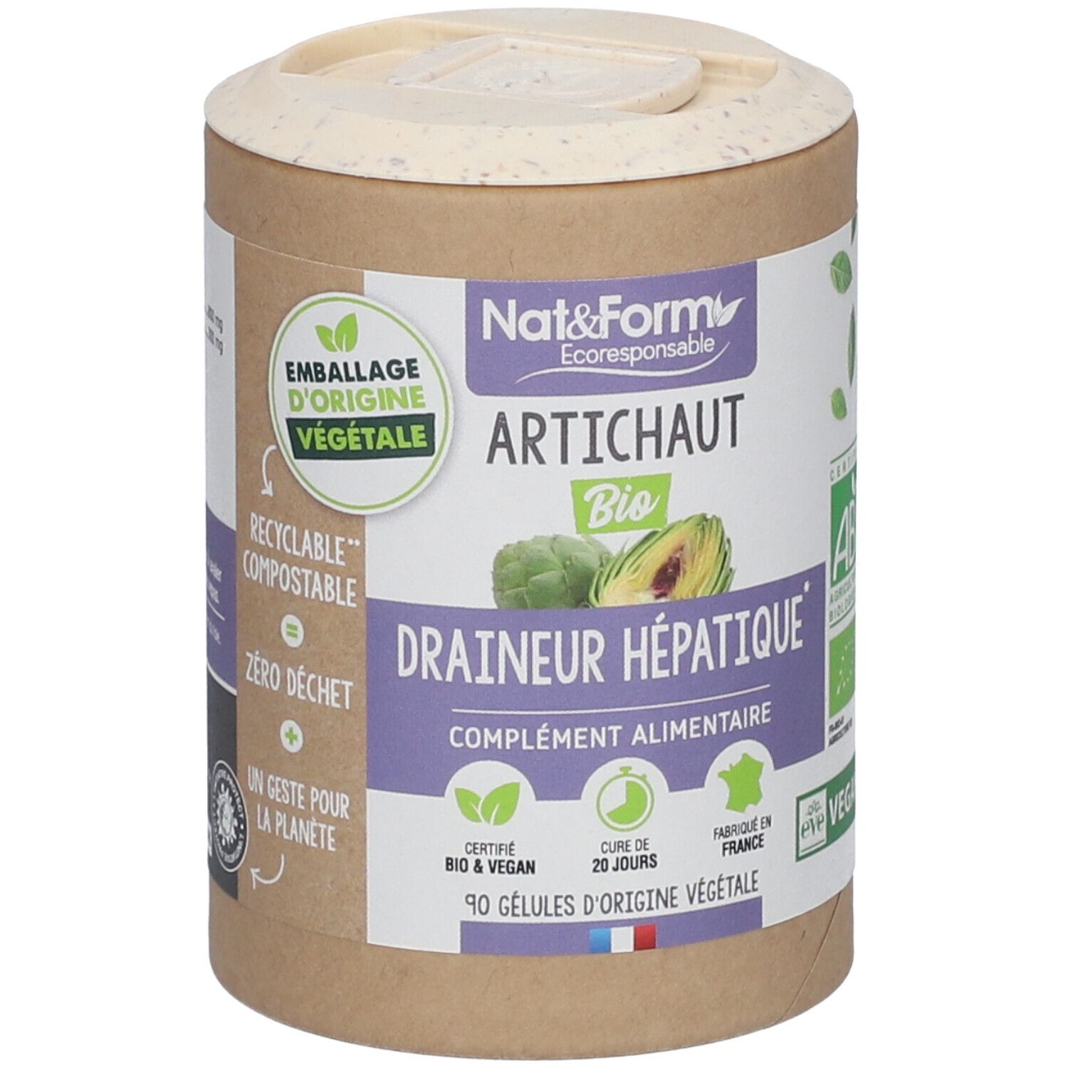 Boîte cylindrique 'Nat & Form Artichaut Bio'. 'Draineur hépatique', 90 gélules, certification AB.