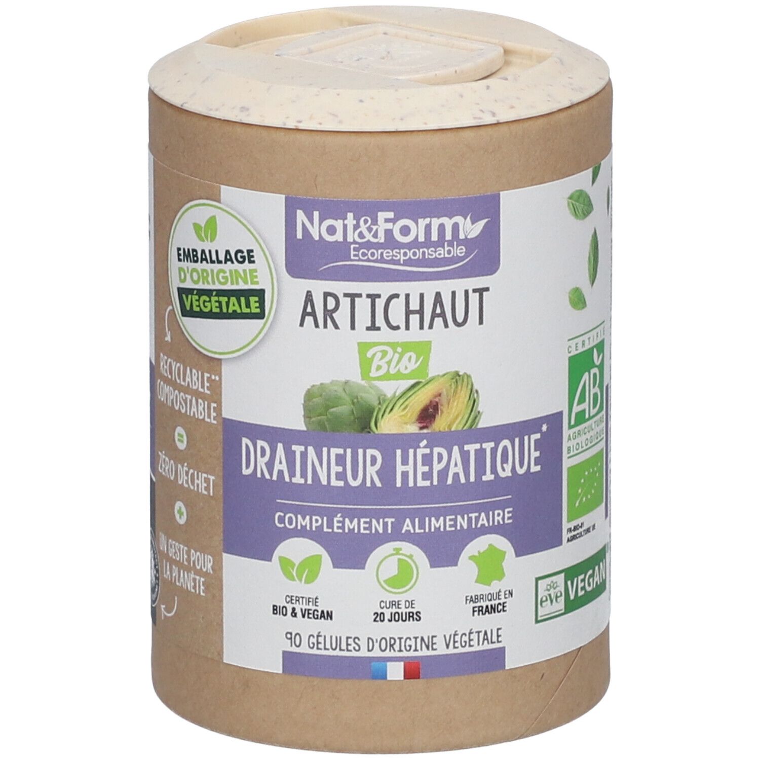 Boîte cylindrique 'Nat & Form Artichaut Bio'. Certification AB, 'Vegan'.