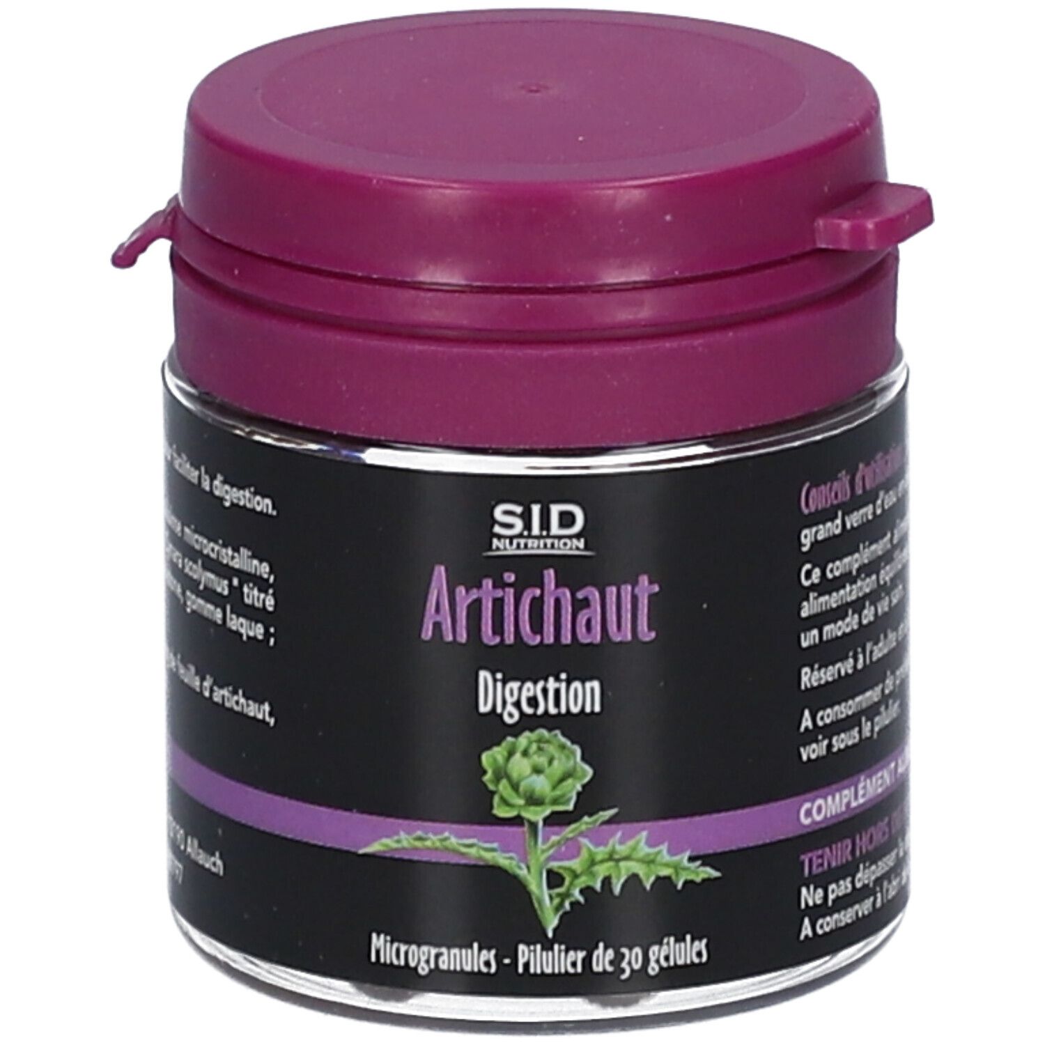 Pot de SID Nutrition Artichaut. Couvercle violet, étiquette noire avec nom du produit et illustration d'artichaut. Texte en français.