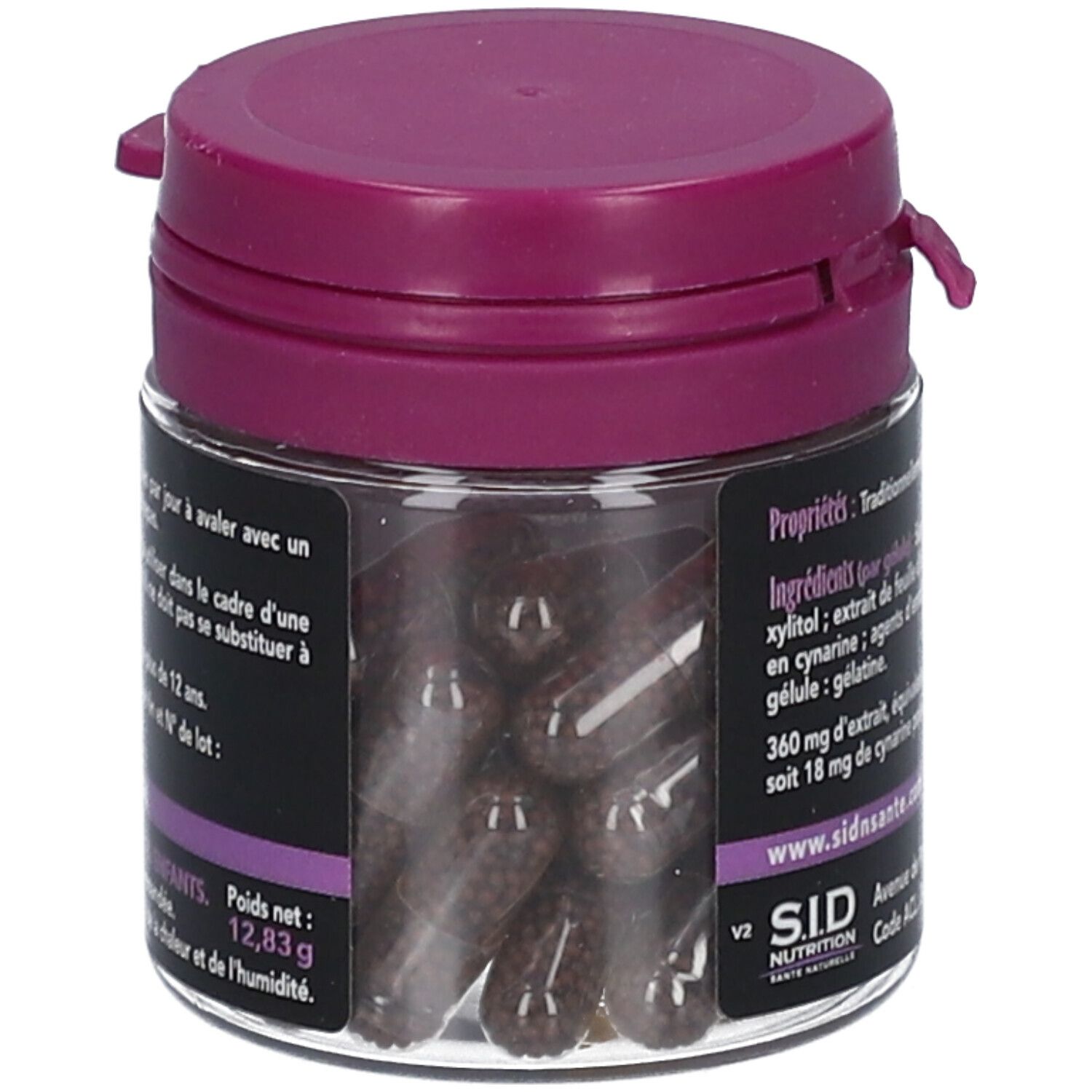 Pot SID Nutrition Artichaut avec gélules. Pot transparent avec couvercle violet. Gélules brunes visibles. Texte en français.