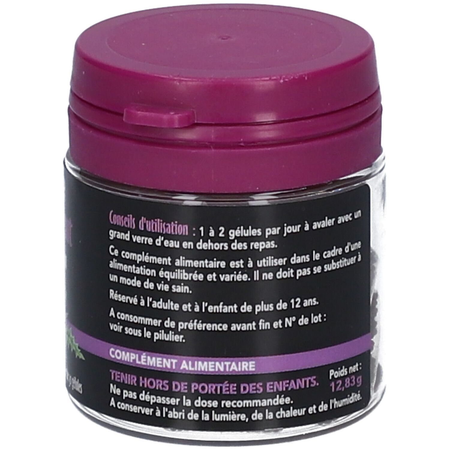 Pot SID Nutrition Artichaut. Couvercle violet, étiquette noire avec conseils d'utilisation. Texte en français.