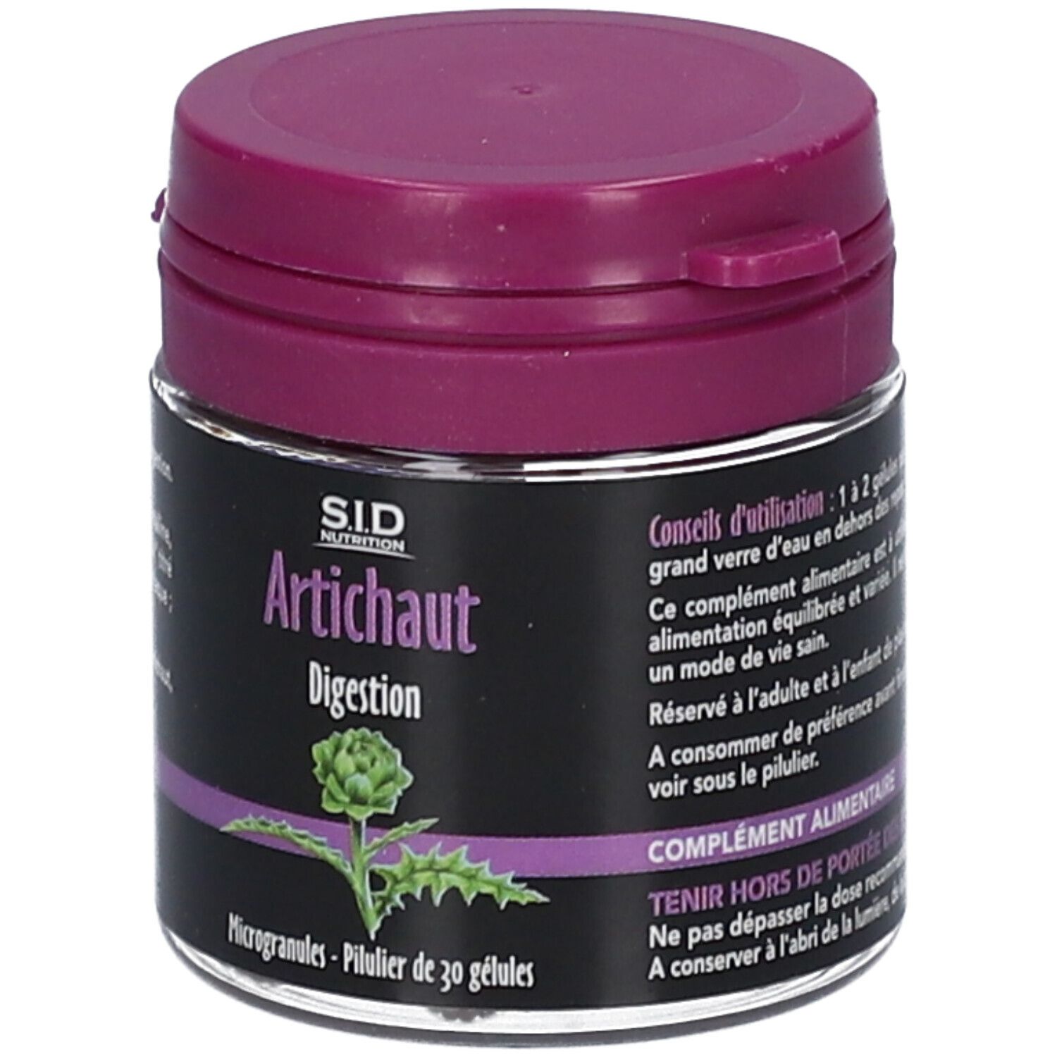 Pot SID Nutrition Artichaut. Couvercle violet, étiquette noire avec nom du produit et illustration d'artichaut. Texte en français.