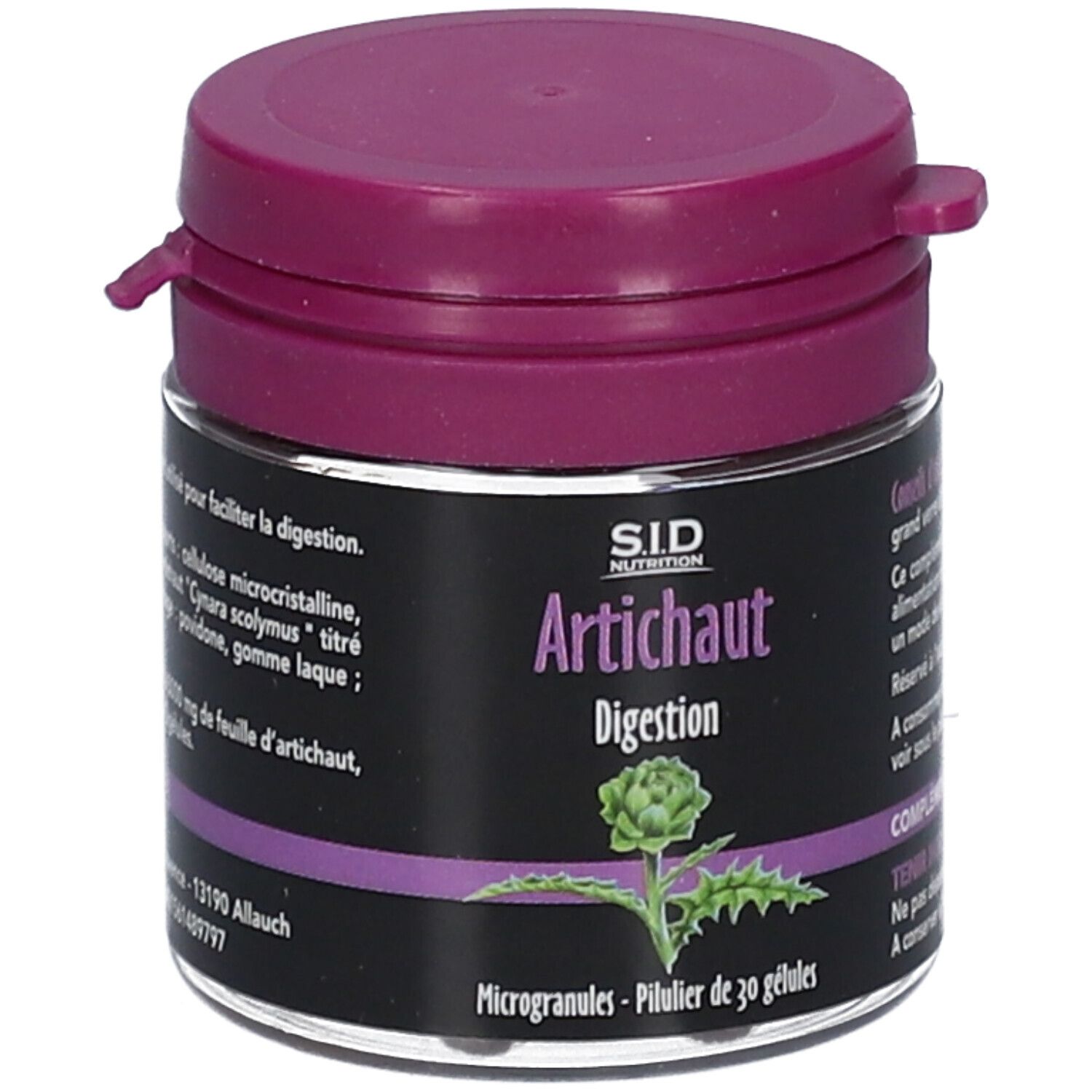 Pot SID Nutrition Artichaut. Couvercle violet, étiquette noire avec nom du produit et illustration d'artichaut. Texte en français.