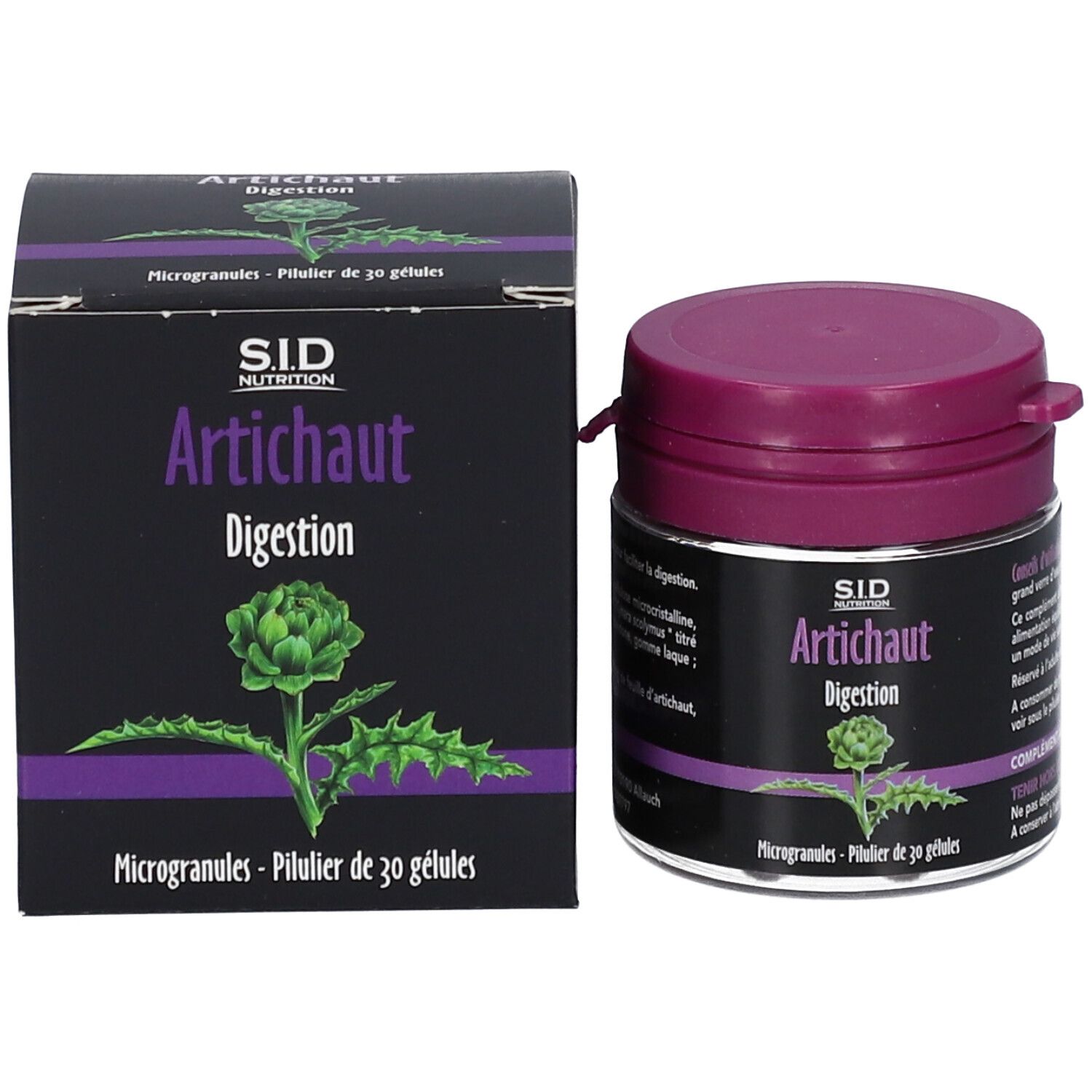 Pot et boîte SID Nutrition Artichaut. Boîte noire et pot avec couvercle violet. Nom du produit et illustration d'artichaut.