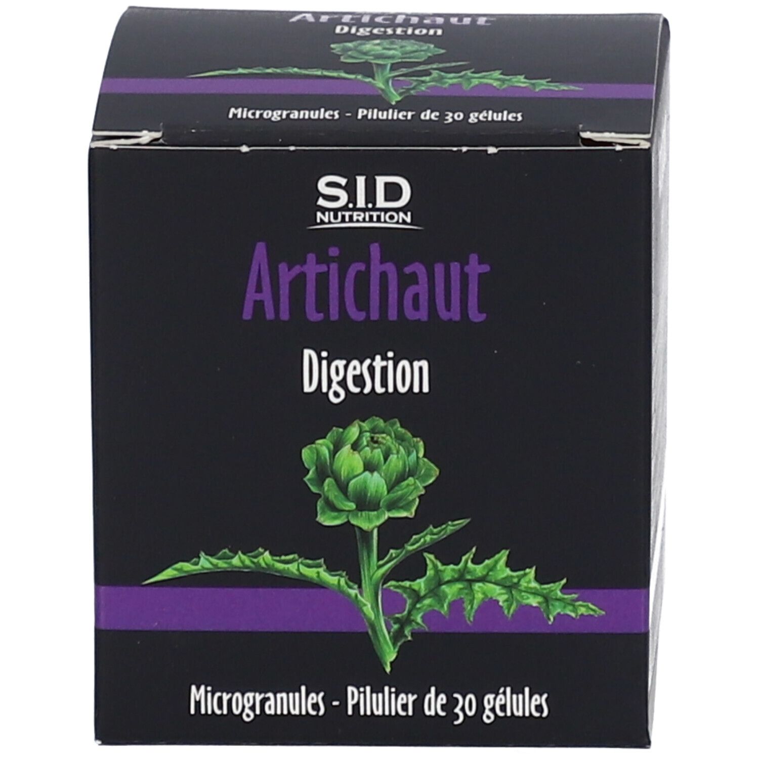 Boîte SID Nutrition Artichaut. Boîte noire avec nom du produit, illustration d'artichaut et texte en français.