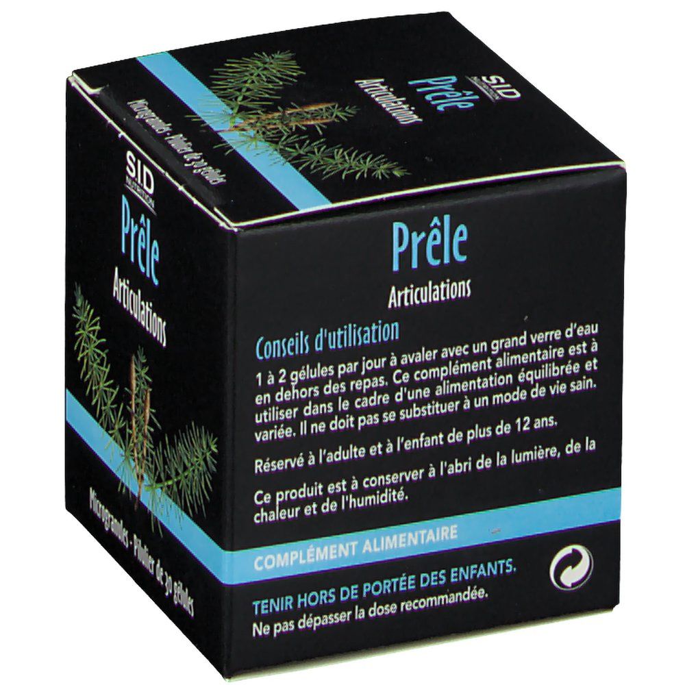 Arrière de la boîte SID Nutrition Prêle Articulations avec conseils d'utilisation.