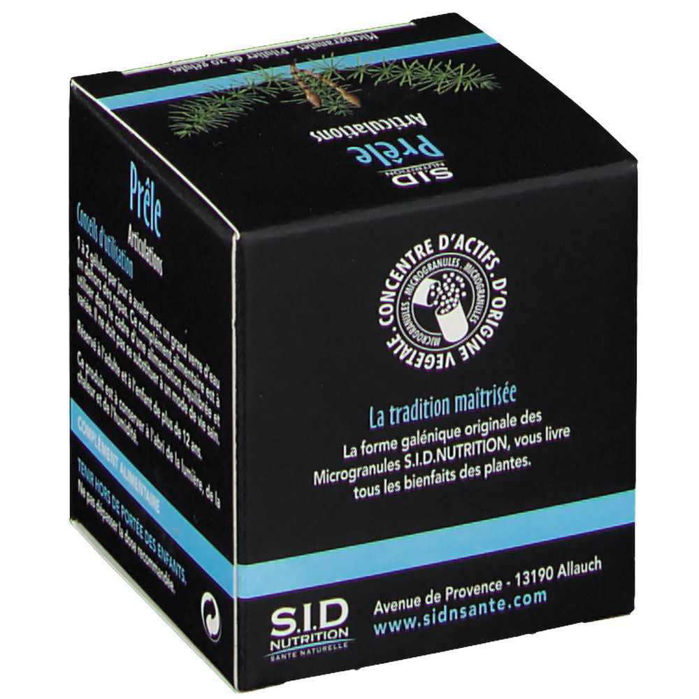Vue latérale de la boîte SID Nutrition Prêle Articulations avec adresse du fabricant.