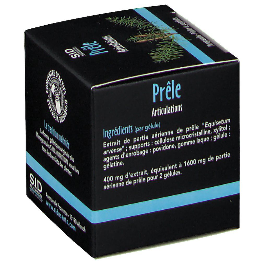 Vue latérale de la boîte SID Nutrition Prêle Articulations avec liste des ingrédients.