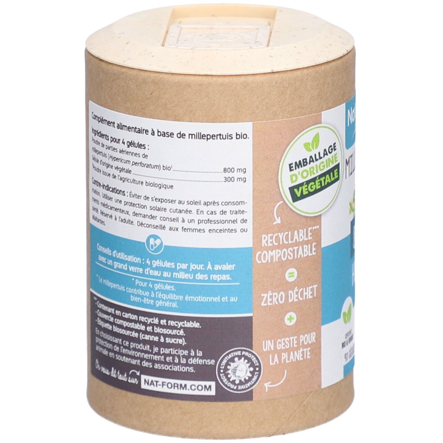 Dos de la boîte cylindrique avec ingrédients et mode d'emploi. Emballage d'origine végétale, recyclable, compostable.