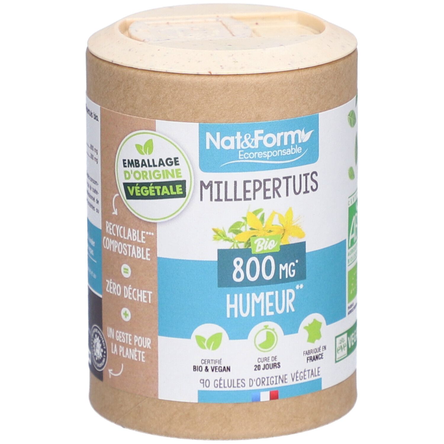 Boîte cylindrique avec inscription Millepertuis Bio, 800 mg, Humeur. Certifié Bio & Vegan. 90 gélules. Couvercle fermé.