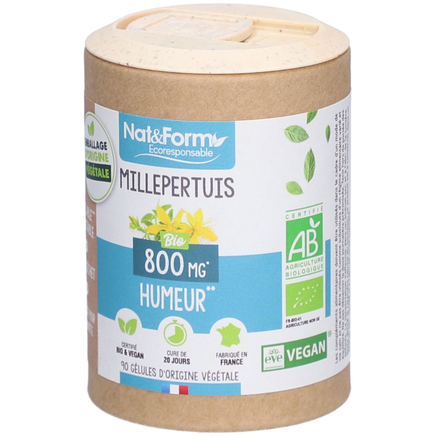 Boîte cylindrique avec inscription Millepertuis Bio, 800 mg, Humeur. Certifié Bio & Vegan. 90 gélules. Couvercle fermé.