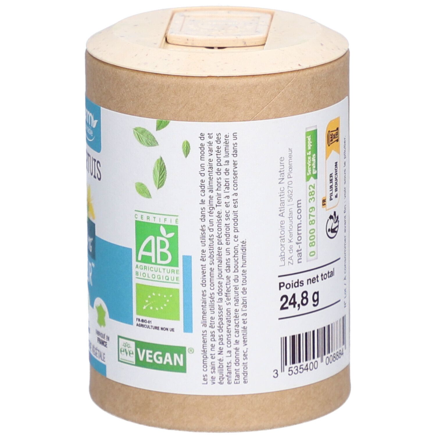 Boîte cylindrique, vue latérale avec ingrédients et poids : 24,8 g. Certifications Bio & Vegan. Couvercle fermé.