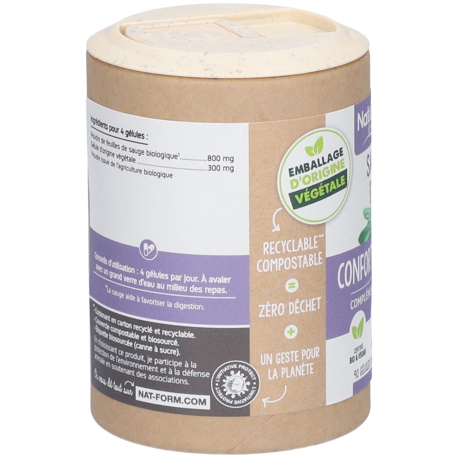 Dos de la boîte cylindrique. Ingrédients et instructions d'utilisation. "Emballage d'origine végétale". Recyclable et compostable.