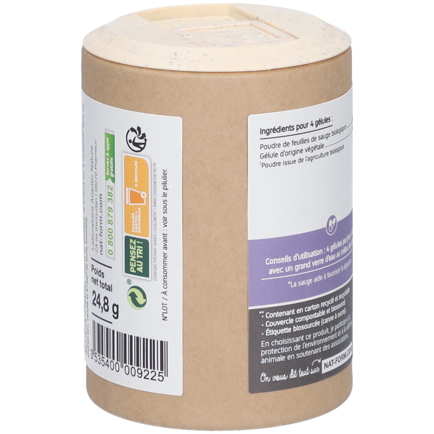 Vue latérale de la boîte cylindrique. Ingrédients, poids net et code-barres. Informations de recyclage.
