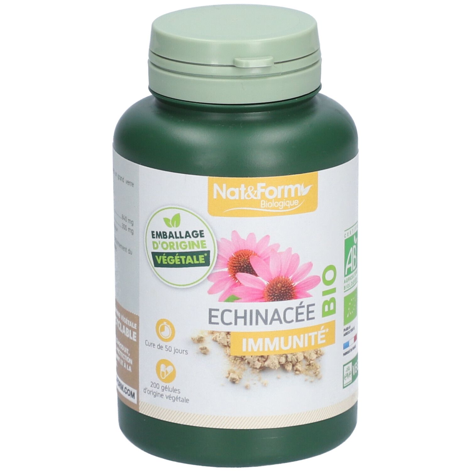 Flacon vert avec bouchon vert. Étiquette avec nom du produit, fleurs, label bio et texte. Vegan.