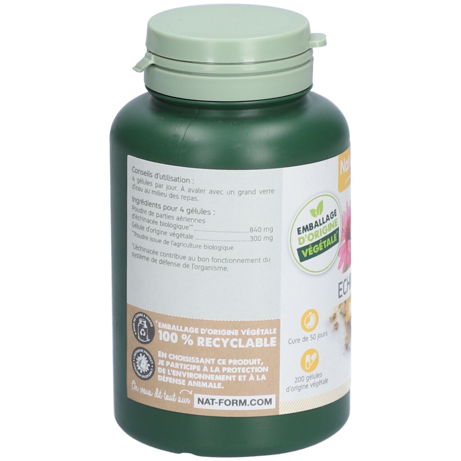 Dos du flacon vert. Étiquette avec texte, dont ingrédients et informations de recyclage. Vegan.