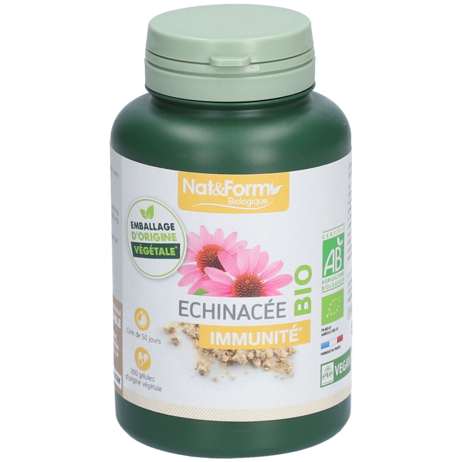 Flacon vert avec bouchon vert. Étiquette avec nom du produit, fleurs, label bio et texte. Vegan.