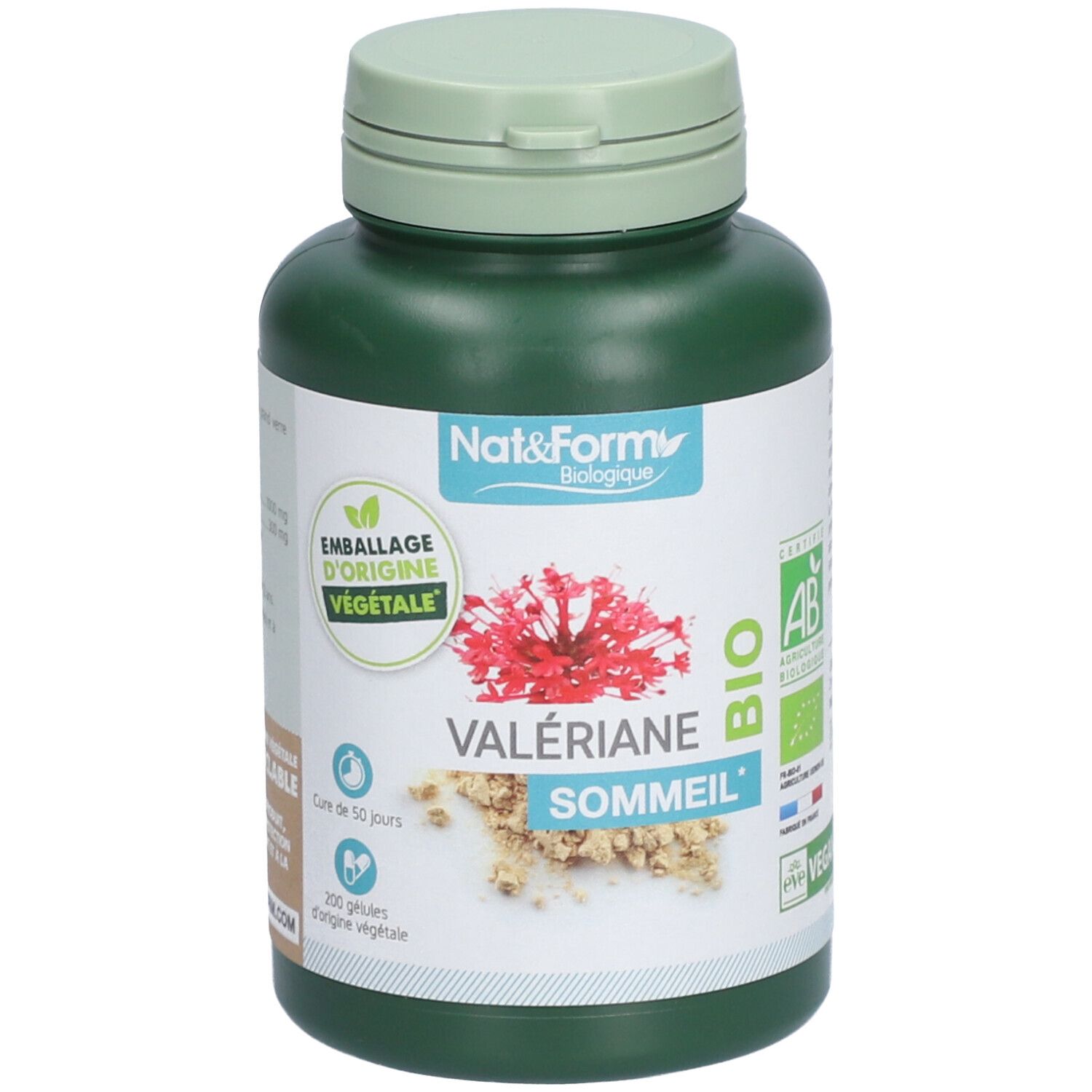 Flacon vert avec bouchon clair. Étiquette avec nom Valériane Sommeil, label BIO et fleur rouge. 200 gélules.