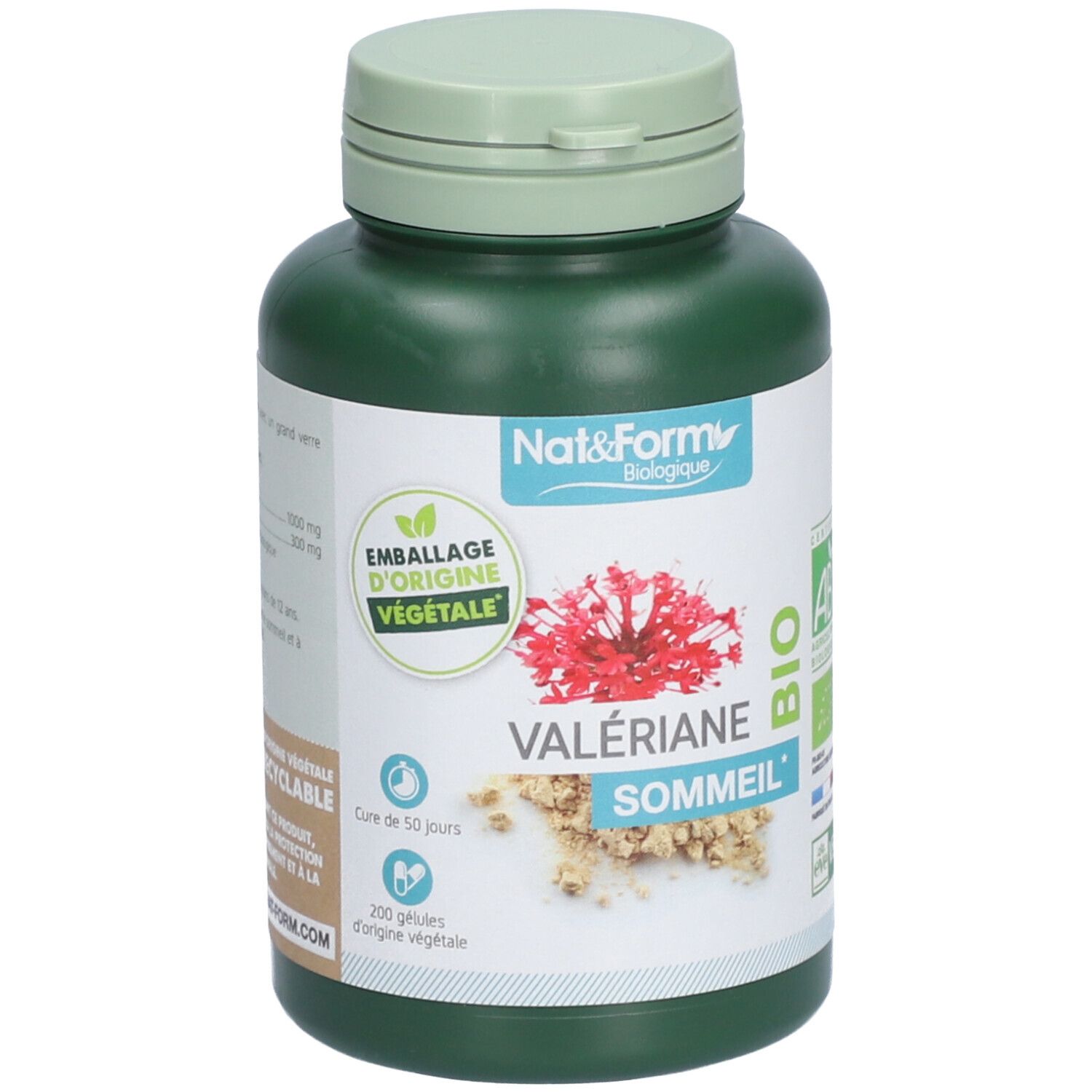 Flacon vert avec bouchon clair. Étiquette avec nom Valériane Sommeil, label BIO et fleur rouge. Cure de 50 jours.