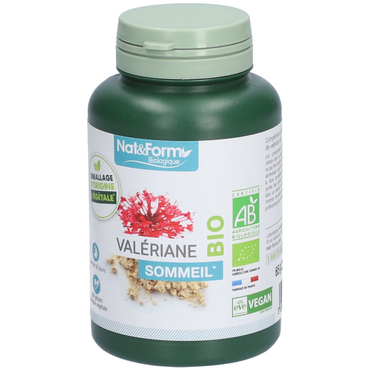 Flacon vert avec bouchon clair. Étiquette avec nom Valériane Sommeil, label BIO, logo Vegan et fleur rouge.