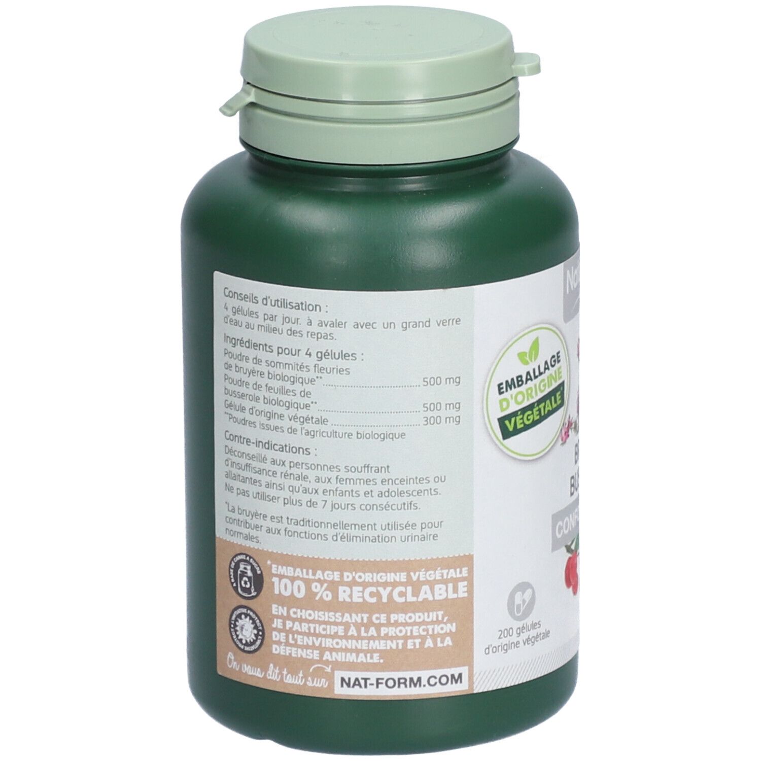 Dos du flacon vert. Texte: conseils d'utilisation, ingrédients, 100% recyclable, vegan, Nat-Form.com.