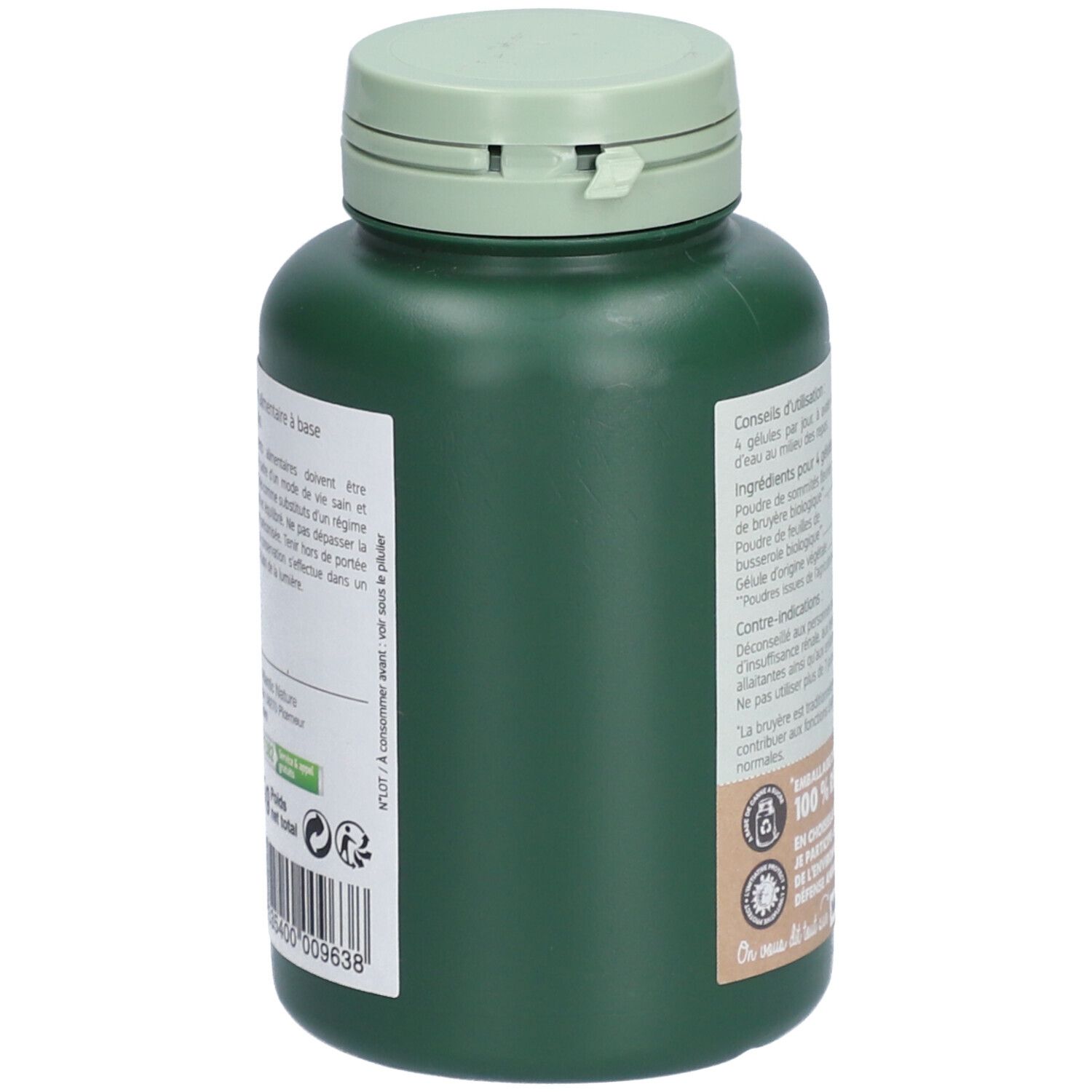 Flacon vert, vue latérale. Étiquette avec texte et logos. 100% recyclable. Vegan. Code EAN.