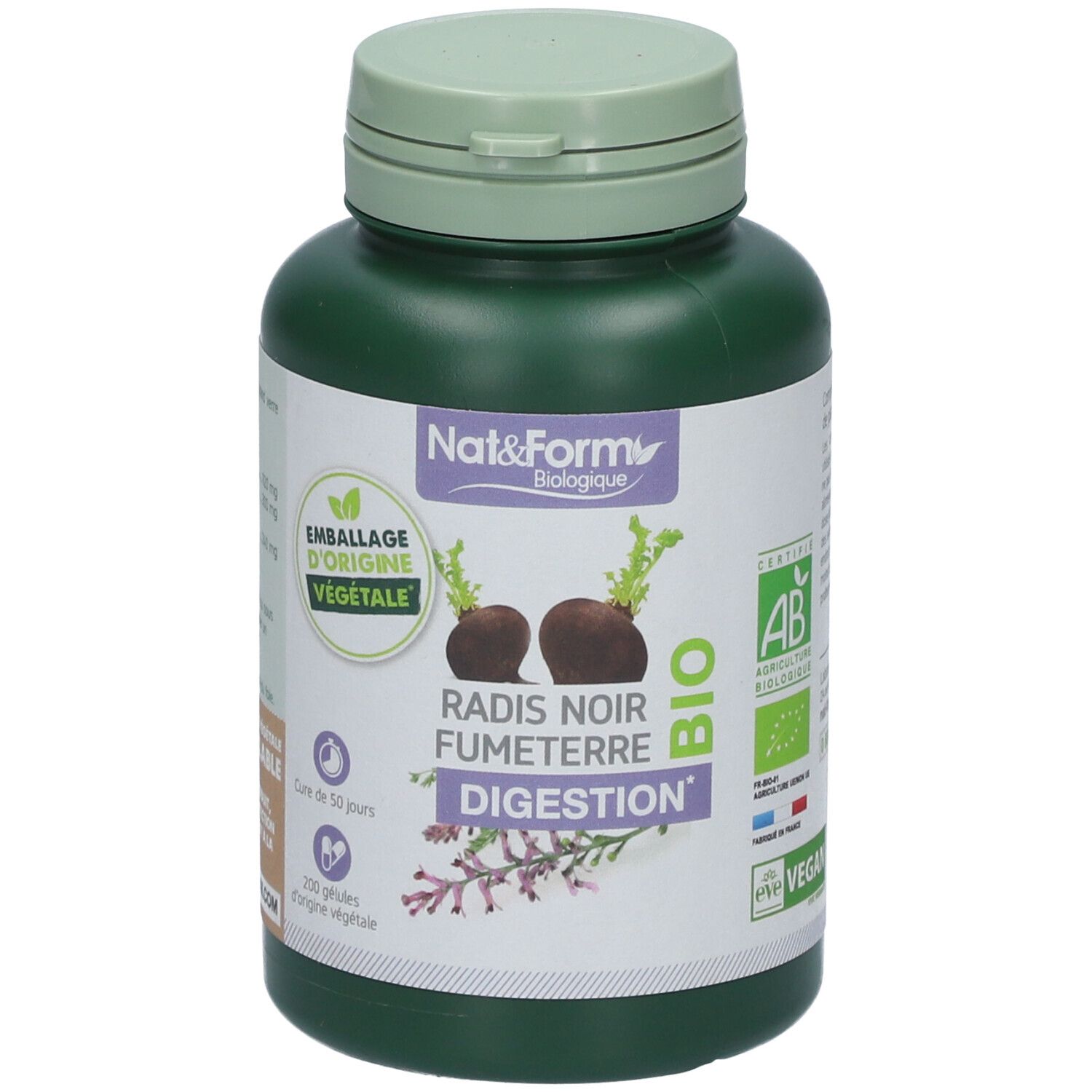 Flacon vert de gélules. Inscription: Nat&Form, Radis Noir Fumeterre Digestion, Bio. Avec certification AB et label Vegan.