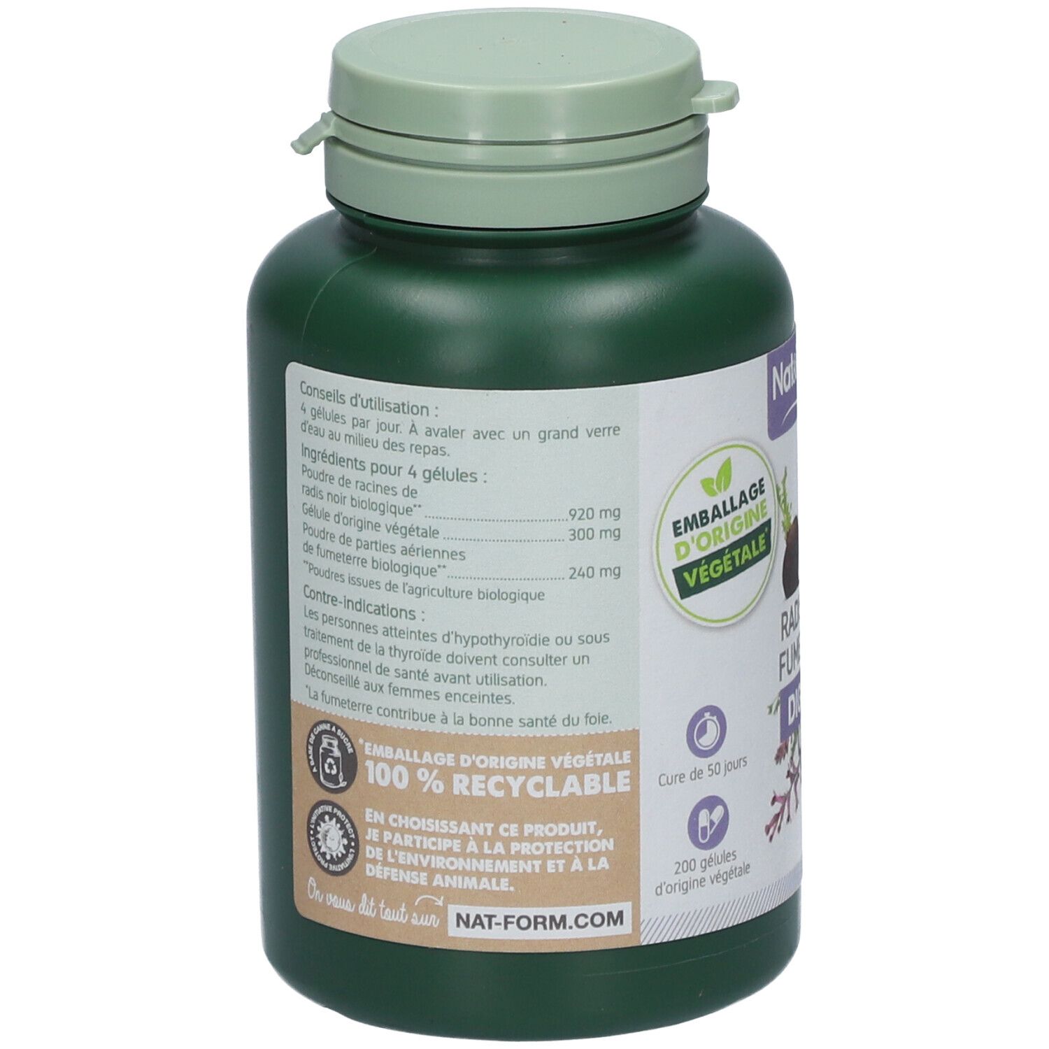 Dos du flacon vert. Contient des informations sur les ingrédients, l'utilisation et les avertissements. Avec labels recyclage et Vegan.