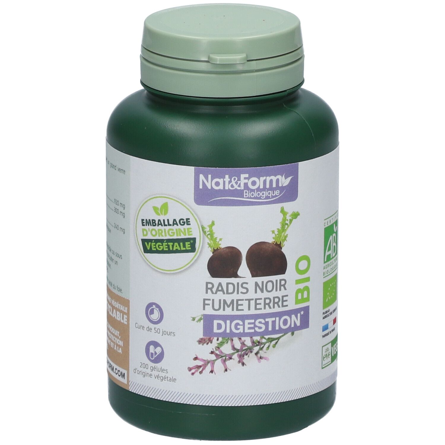 Flacon vert de gélules. Inscription: Nat&Form, Radis Noir Fumeterre Digestion, Bio. Avec certification AB et label Vegan.