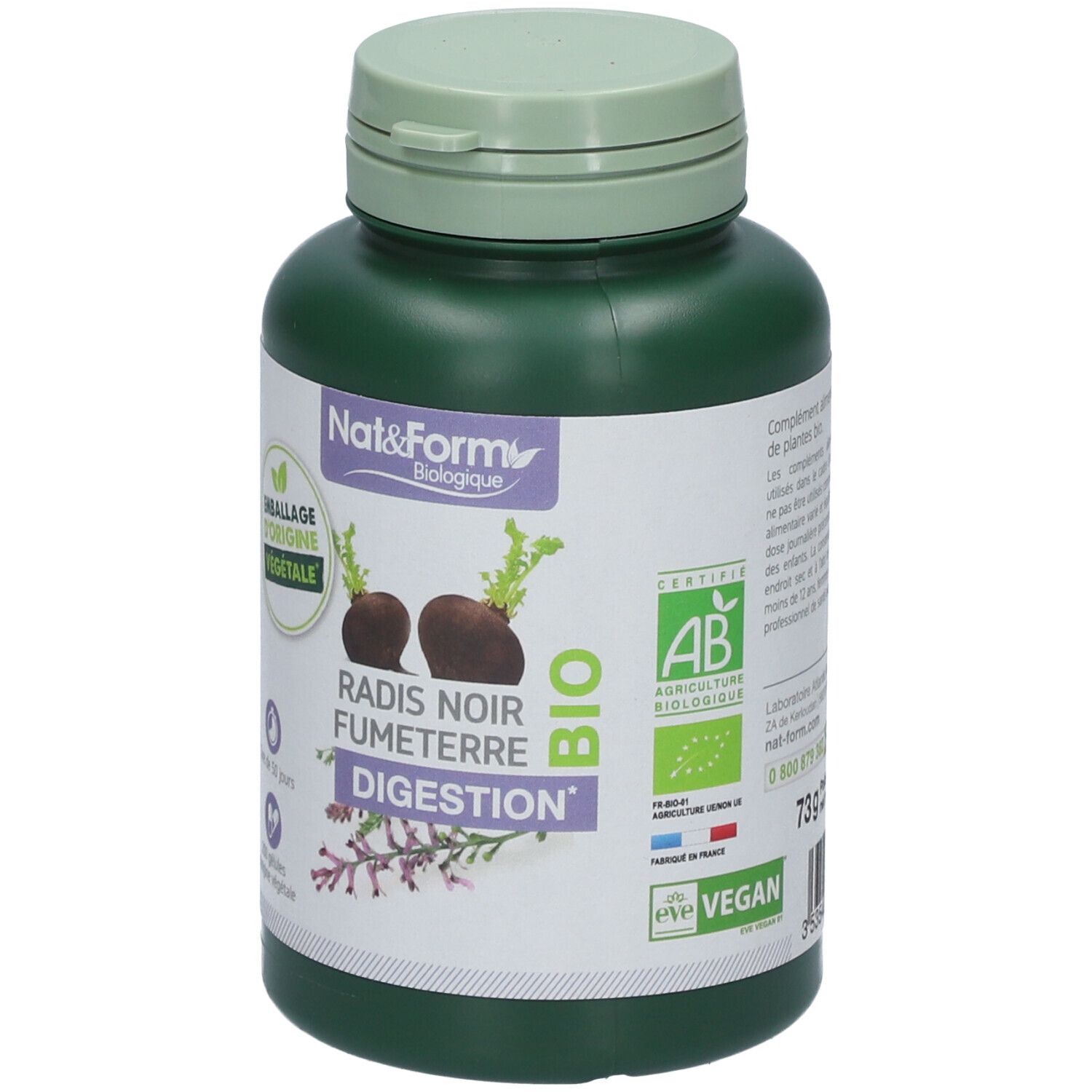 Flacon vert de gélules. Inscription: Nat&Form, Radis Noir Fumeterre Digestion, Bio. Avec certification AB et label Vegan.