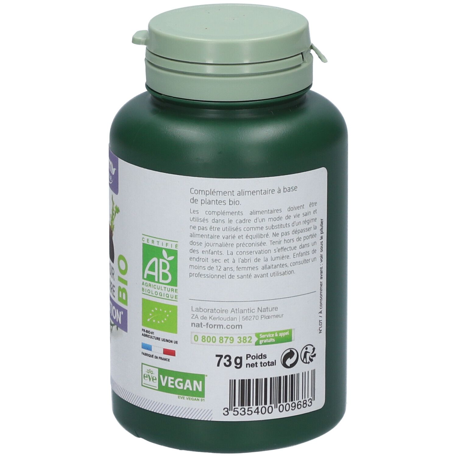 Dos du flacon vert. Contient des informations sur les ingrédients, l'utilisation et les avertissements. Avec labels recyclage et Vegan.