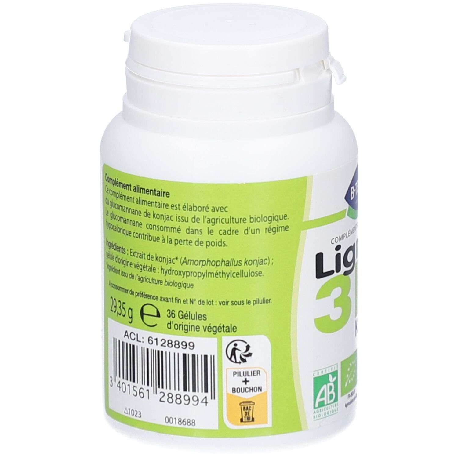 Dos du flacon blanc. Texte: Ingrédients, 36 gélules, code-barres, logo AB.