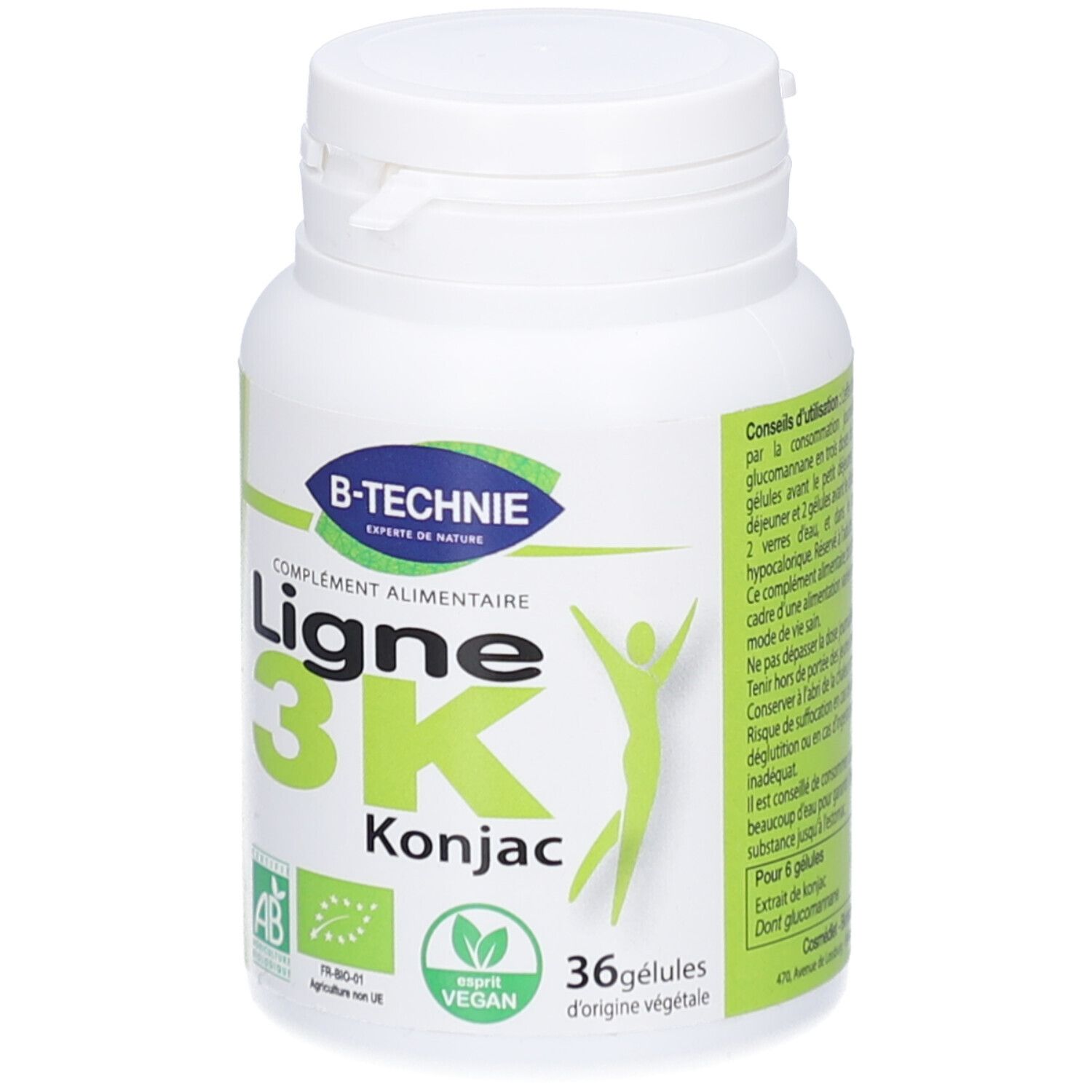 Flacon blanc de gélules. Inscription: Ligne 3K Konjac, 36 gélules. Logos: Vegan, AB.