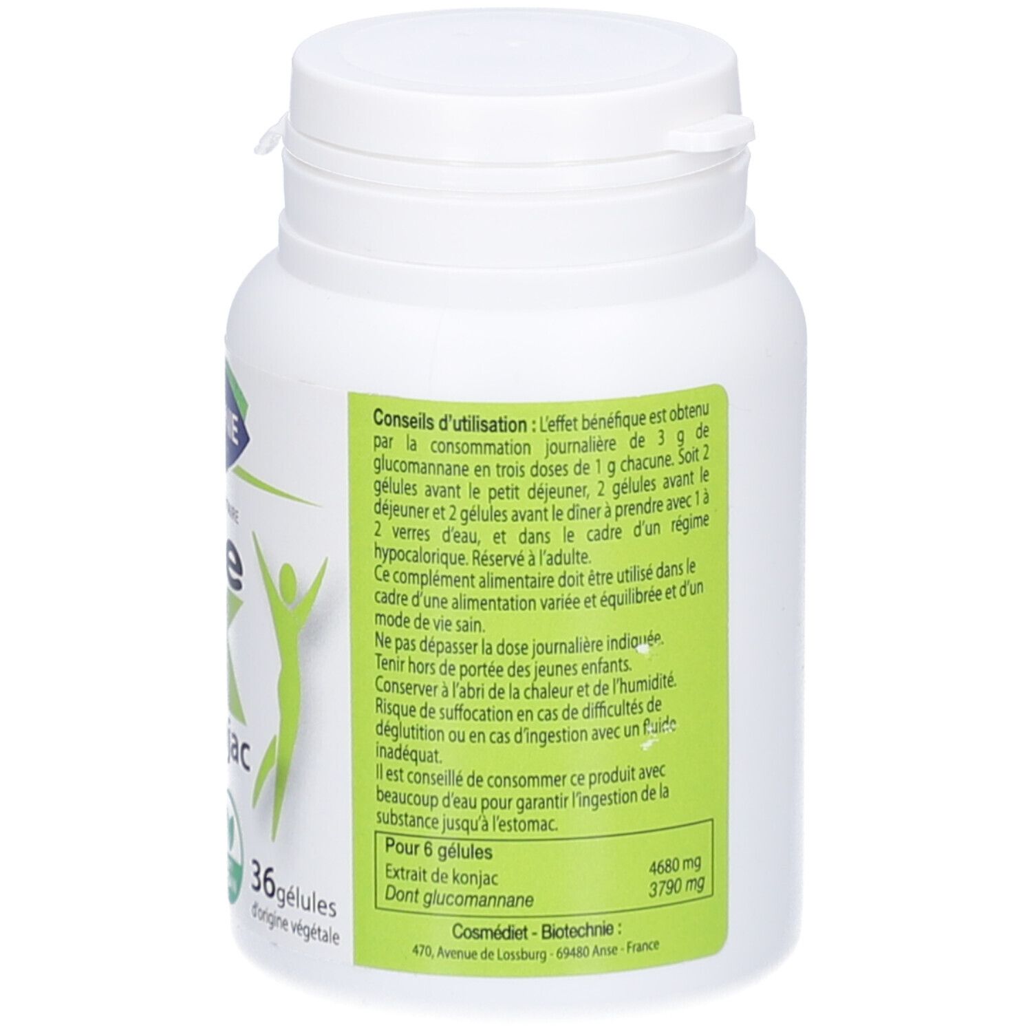 Dos du flacon blanc. Texte: Conseils d'utilisation, ingrédients, 36 gélules, logo Vegan.