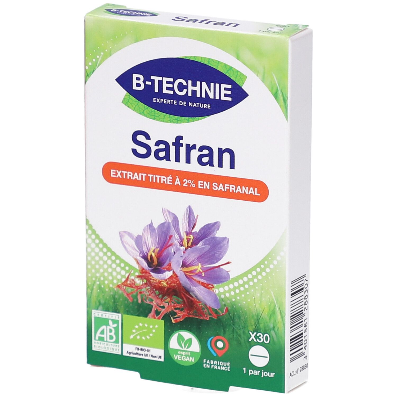 Boîte de "Safran" avec logo "B-Technie". Certifications AB, Vegan, Fabriqué en France. Illustration de fleurs de safran. Texte "Extrait titré à 2% en safranal".