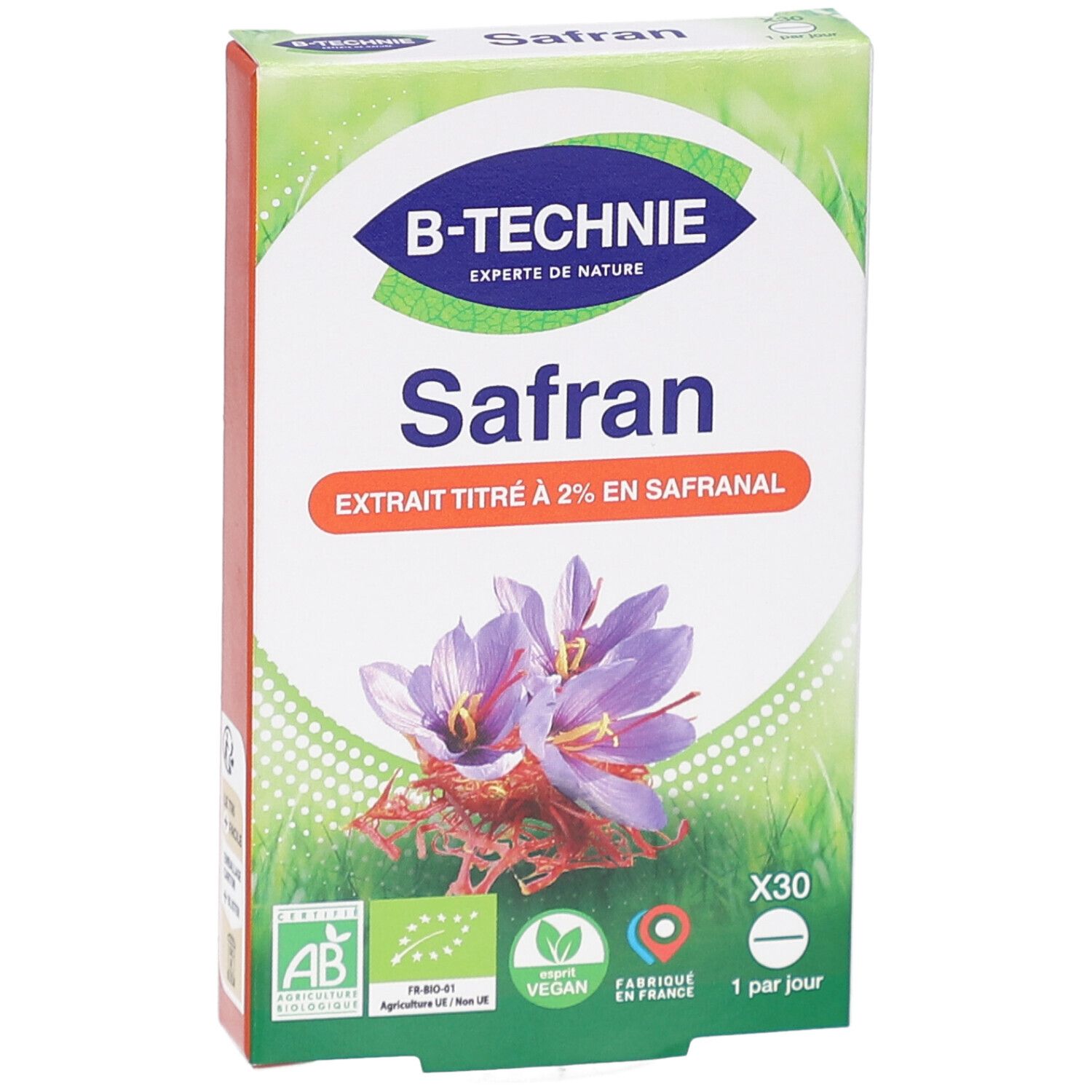 Vue de face de la boîte "Safran". Logo "B-Technie". Texte "Safran". Certifications AB, Vegan, Fabriqué en France. Fleurs de safran.