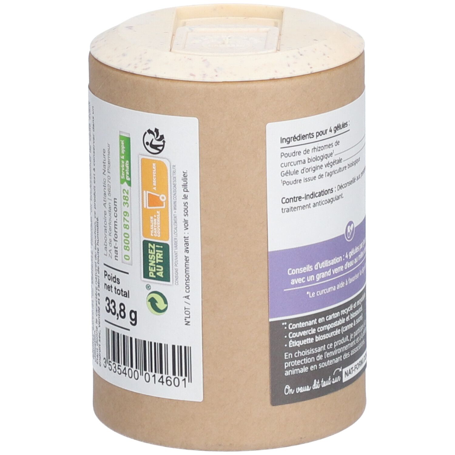 Boîte cylindrique avec liste d'ingrédients et poids 33,8 g. Inscription: Curcuma Bio. Vegan, certification AB.